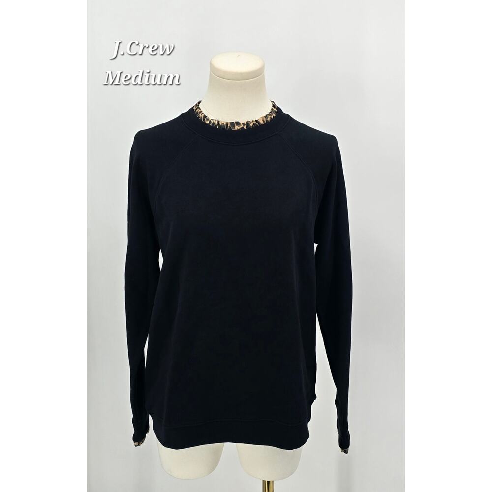 J.Crew Woven Ruffle-Neck Pullover Sweatshirt — Black Leopard Trim